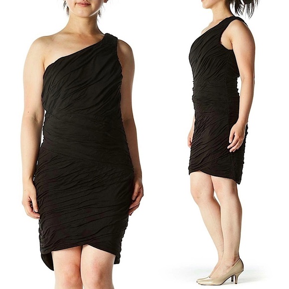 RONNY KOBO One Shoulder Ruched Asymmetrical Grecian Draped Bodycon Mini Dress L - Picture 1 of 6